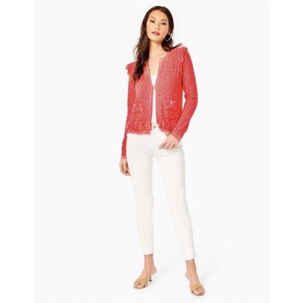 Lilly Pulitzer Simora Spicy Coral Fringe Tweed Jacket‎ Size Large